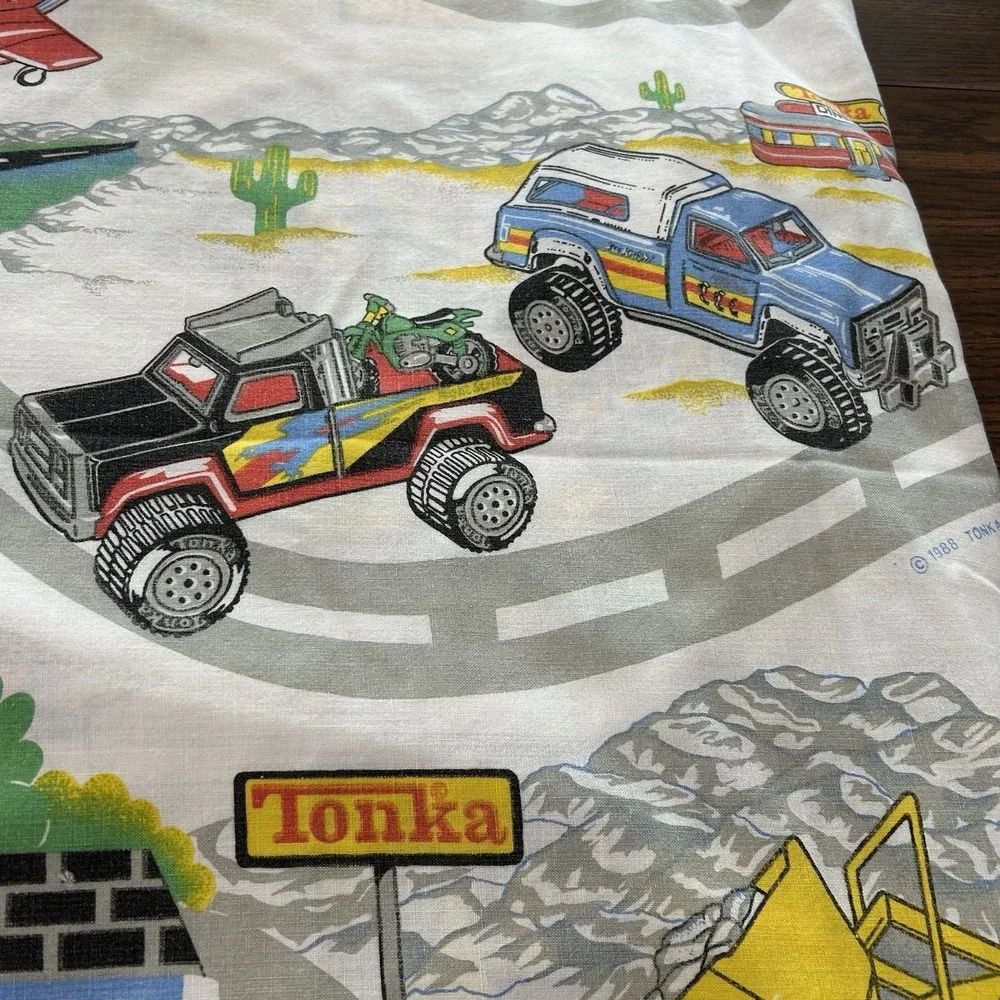 Vintage Tonka Truck Flat And Fitted Sheet Set Construction Planes Fire trucks
